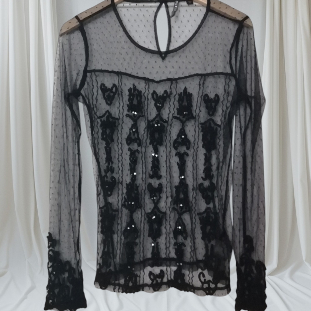 Guess Sheer Black Sequin-Embellished Long-Sleeve Mesh Blouse - Picture 2 of 8